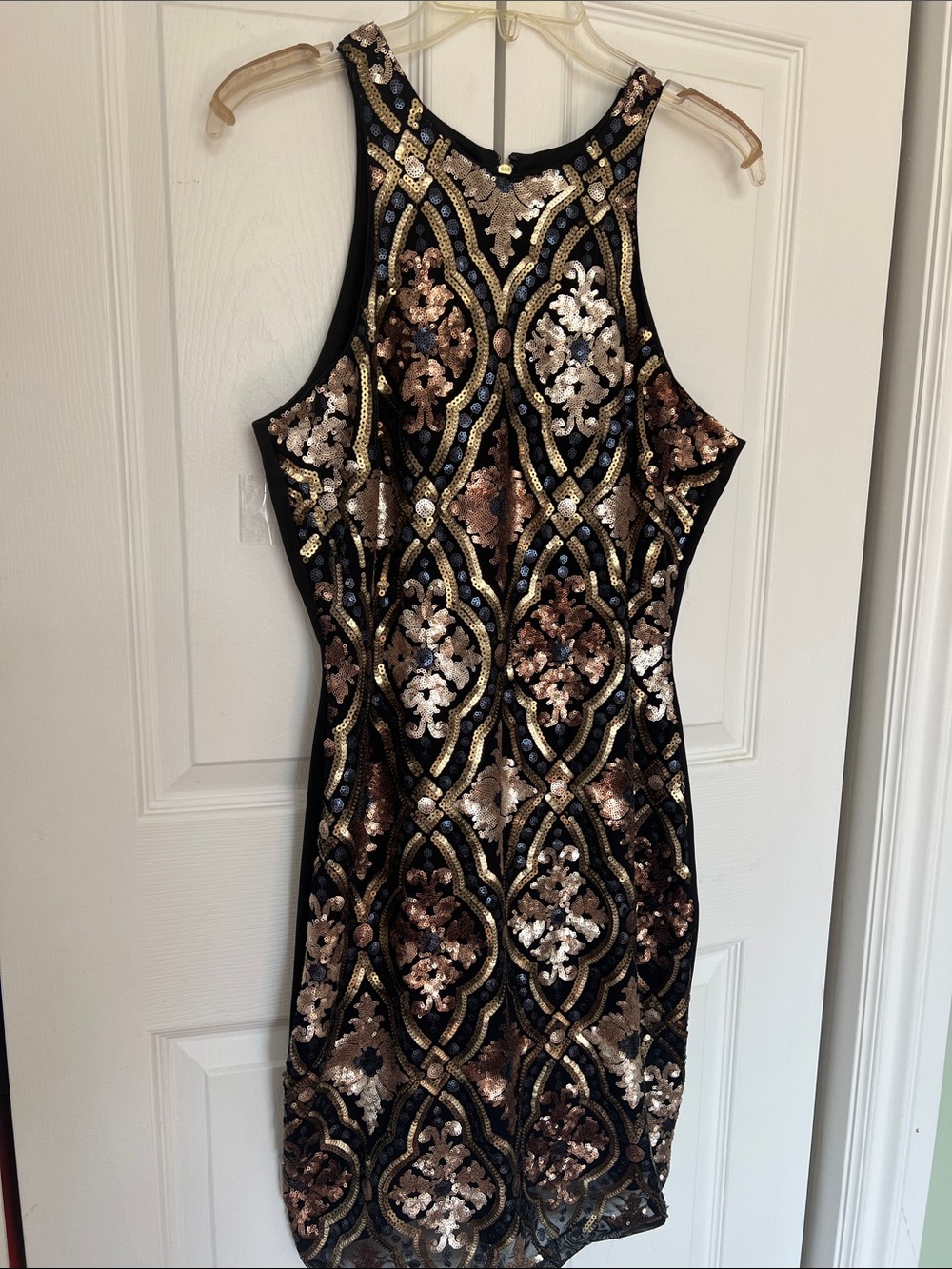 Alexia Admor Black Mini Dress with Gold and Rose-Gold Sequin Pattern